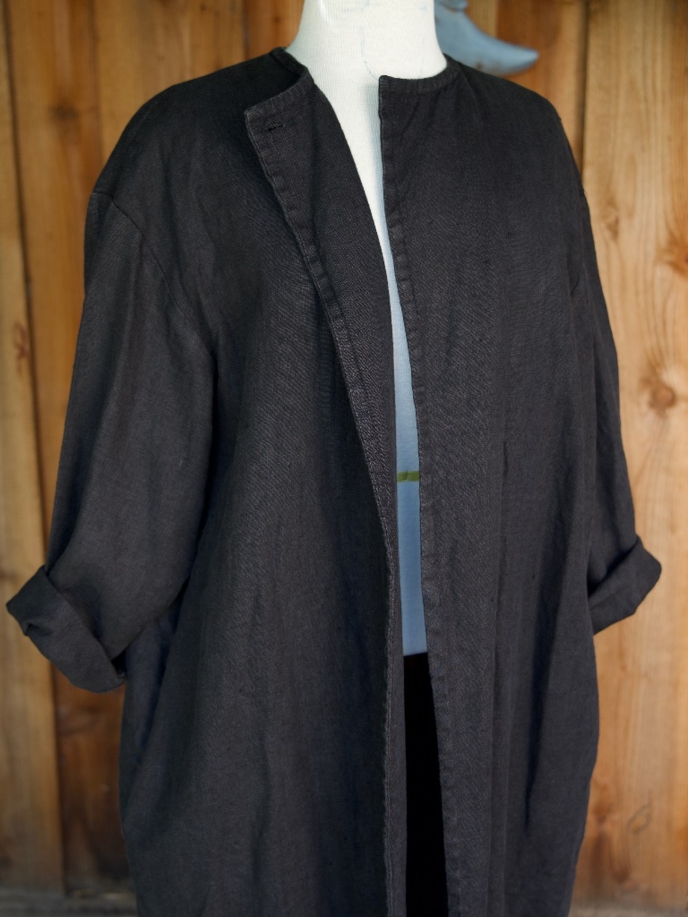Vintage 100% Linen Black Long Pea Coat Casual Minimalist Made In USA Woman's M - Picture 3 of 17
